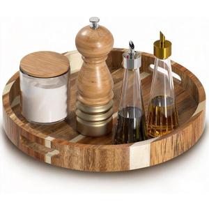 12" Acacia Wood Lazy Susan Turntable Organizer, Double Handle Cabinet Organizer with High Rim，Round Wooden Lazy Susan for Table Top Cabinet Pantry Countertop Cupboard Organization