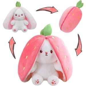 MIAODAM Bunny Stuffed Animal Reversible Cuddle Bunny Stuffed,Strawberry Bunny Transformed Rabbit Plush Zipper,Carrot That Turns Into Ears Bunnies Plushies Toy Cute Stuffy Doll Easter Girlfriend Gift (7inch, A Strawberry Rabbit)