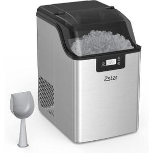 Zstar Nugget Ice Maker, Stainless Steel Countertop Ice Machine with 44Lbs/24H Output, Crunchy Sonic Ice Maker Machine, Self-Cleaning Portable Ice Maker with Freestanding Ice Scoop for Home,Office,Bar