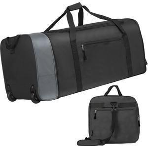 Finnhomy 100L Foldable Rolling Duffel Bag with 2 Wheels, Light Weight Travel Duffel bag with Large Loading Capacity, 32 inch Rolling Duffel bag with Shoulder Strap for Travel Camping Sports (BLACK/ GREY)