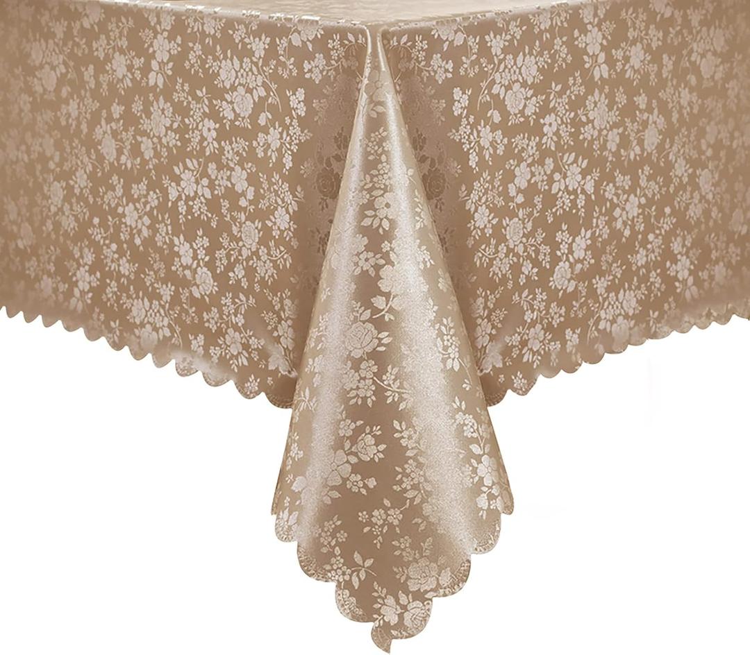 Romanstile Vinyl Tablecloth Rectangle, 100% Waterproof Outdoor Heavy Duty Table Cloth with Flannel Backing, Stain Resistant Plastic PU Table Cover for Kitchen, Dining (Rose Champagne, 52 x 70)