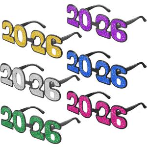 Kanayu 6 Pairs 2026 Glitter New Year Eve Glasses 2026 Number Eyeglasses Props Sunglasses for Party Supplies(Mixcolor)