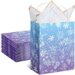 ReliThick 30 Pcs Snowflake Paper Bags Iced Candy Treat Goodie Gift Bags with Handle Blue and Purple Party Favors for Princess Holiday Birthday Wonderland Party Supplies (8.27 x 10.63 x 4.33 inches)