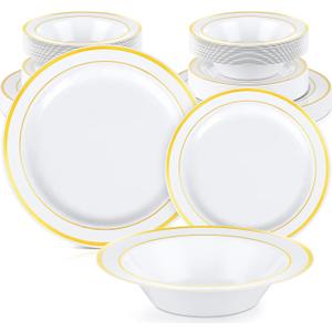 Havawish 150 Pcs Gold Disposable Plastic Plates and Bowls sets for 50 Guests, Dinnerware Set with Gold Rim 50 Plates 50 Dessert Plate 50 Blows for Wedding Anniversary Birthday Valentines Day