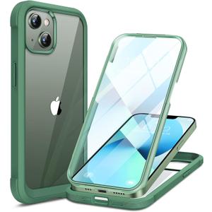 Miracase Compatible with iPhone 13 case 6.1 inch, 2023 New Full-Body Glass Clear Case Bumper Case with Built-in 9H Tempered Glass Screen Protector for iPhone 13, Acacia Green