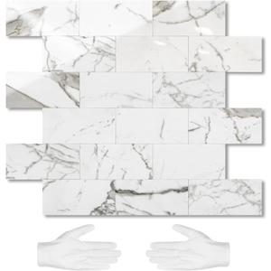 STICKGOO 10-Sheet Subway Tile Peel and Stick Backsplash, Seamless Design Glossy Carrara White Kitchen Backsplash Wall Tiles, Waterproof Stick on Tile for Bathroom, RV, Fireplace