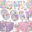Unicorn Birthday Decorations Includes Plates, Napkins, Cups, Cutlery, Hanging Swirls, Banner, Cake & Cupcake Toppers, Balloons, Tablecloths for Rainbow Girls Birthday Party Decorations, Serve 20