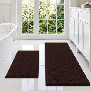 Smiry Bathroom Rugs Sets 2 Piece, Soft Absorbent Chenille Machine Washable Non Slip Shaggy Bath Rug Set for Tub, Shower, and Floor (47x17+24x16, Brown)