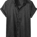 Men's Satin Leopard Print Short Sleeve Button Down Lapel Collar Silk Shirts Top