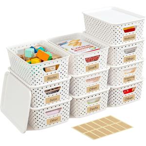 10 Pack Small Plastic Storage Bins with Lids, Stackable Plastic Storage Baskets for Organizing with Handles, Organizer Bins with Labels for Room, Craft, Containers for Pantry Organizers and Storage (Cream White)