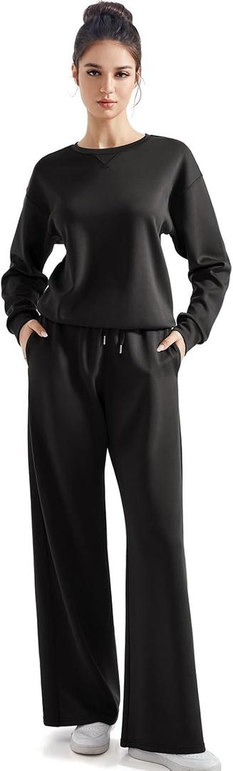 SUUKSESS Women Modal Fall 2 piece outfits Oversized Sweatshirt Wide Leg Pants (Medium, Black)