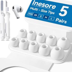 Inesore 5 Pairs Replacement Ear Tips for AirPods Pro 3 (2025) with Portable Storage Box & Cleaner Pen,Builtin dust Guard Screen Silicone Ear Tips 5 Sizes (XS)