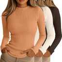 Riyiper 3 Pack Women's Ribbed Shirts, Mock Turtleneck Long Sleeve Tops Slim Fitted Undershirts Casual Basic Layering Tees (Large, Tangerine, Almond Milk Color, Dark Brown)