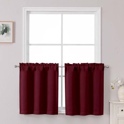 Chyhomenyc Short Burgundy Curtains 24 Inch Length, Small Kitchen Curtain Rod Pocket Half Window Curtains for Basement Cabinet Camper RV Bunk, 2 PCS, Each 30Wx24L, Burgundy
