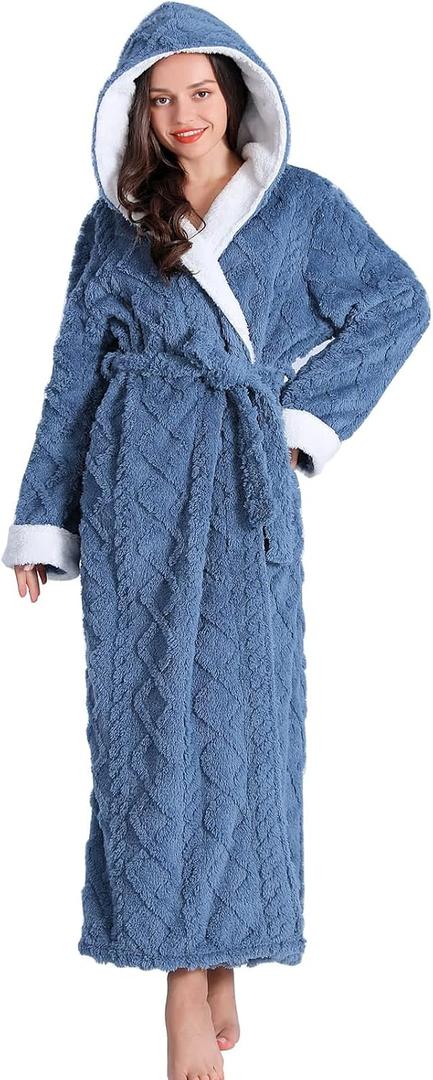 Hooded Robes for Women Long,Sherpa Trim Fleece Bathrobes With Hood Long Plush Soft Warm Winter Robes for Women (Blue, XL)