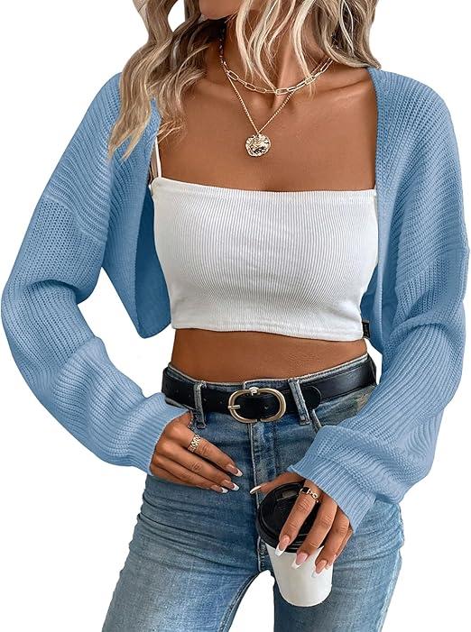 Women's Cardigan Shrugs Long Sleeve Knit Cropped Bolero Shrug Open Front Casual Cardigans for Dresses L, Gray