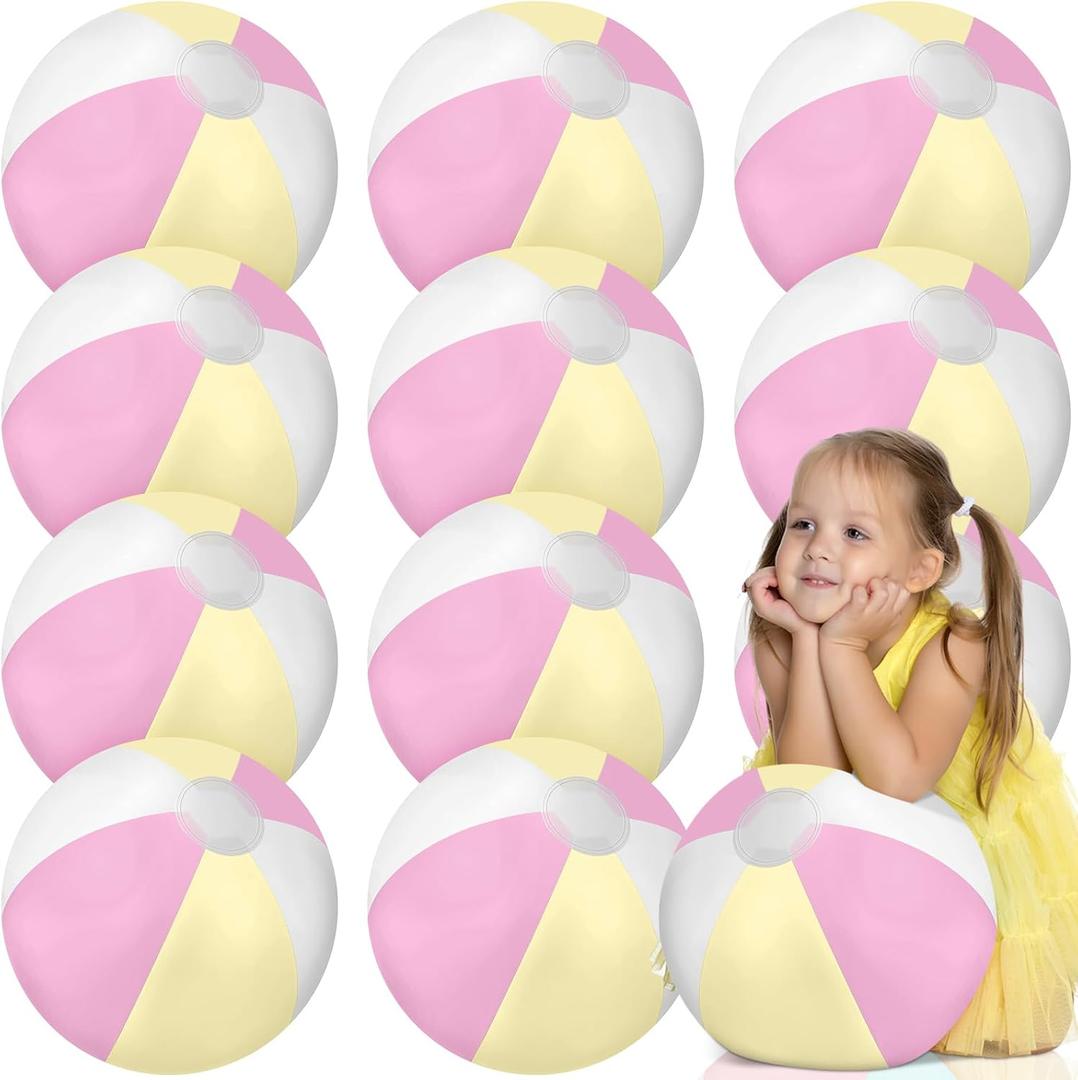 MiniInflat 12 Pcs 16" Pastel Inflatable Beach Balls Bulk Jumbo Macaron Rainbow Beach Balls Blow up Pool Game Toys for Kid Adult Summer Swimming Luau Hawaiian Party Decorations