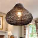 Karjear Black Rattan Chandelier, 16.5 inch Large Wicker Pendant Lights Fixture Hand-Woven Basket Hanging Light for Dining Room Kitchen Island Living Room