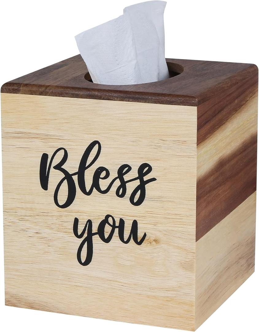 Acacia Wood Tissue Box Cover with Slide-Out Bottom, Square, Modern Style for Bathroom, Bedroom, Office