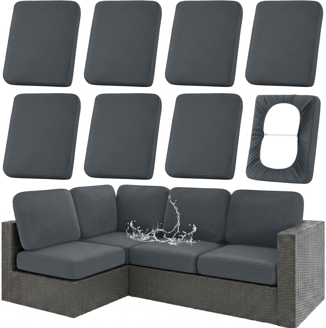hyha Waterproof Outdoor Cushion Covers for Patio Furniture, Stretch Patio Chair Cushion Slipcovers, Coated UV Resistant Replacement Seat Covers, Solid Color (Dark Grey, 8PC)