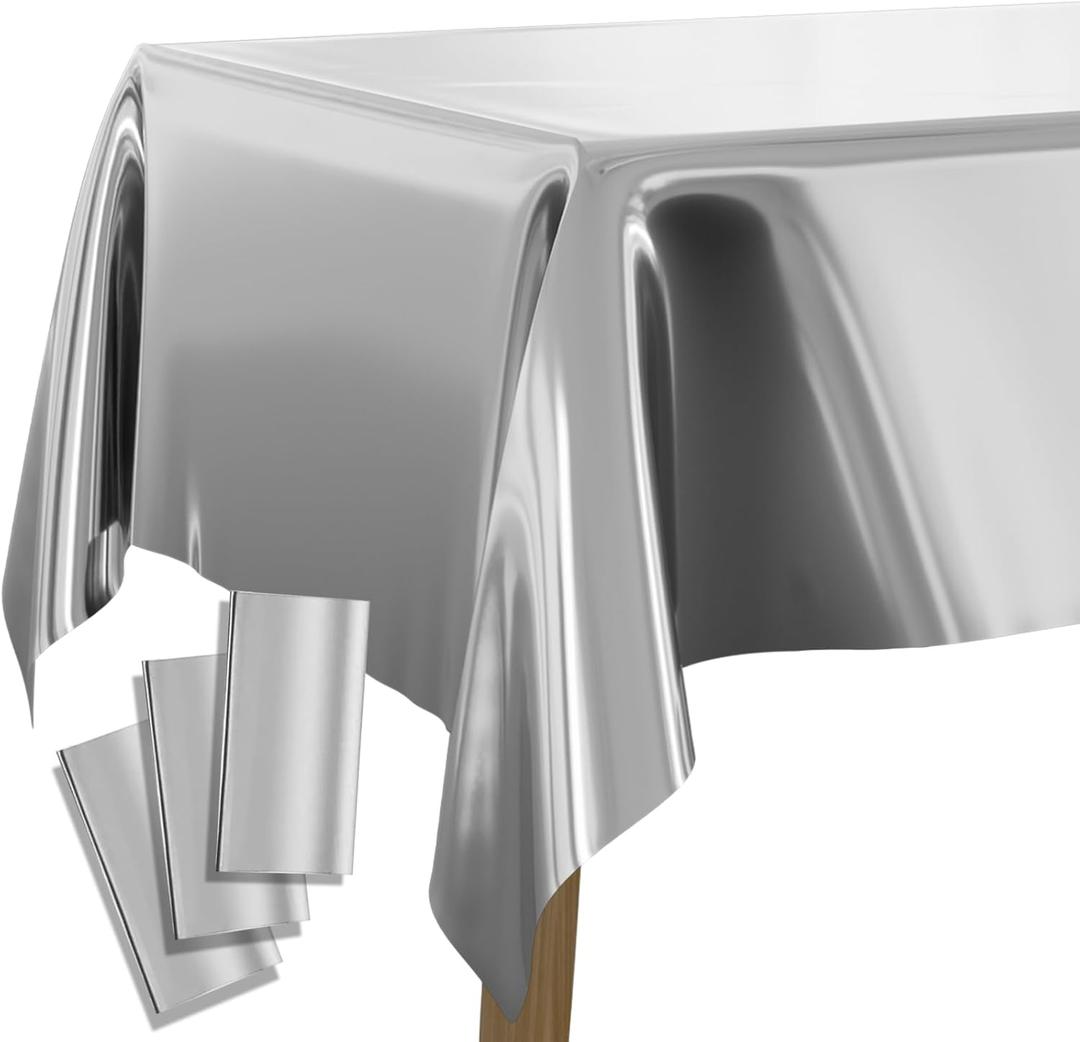 PartyWoo 3 pcs Silver Foil Table Cover, 54 x 108 Inch Rectangle Waterproof Tablecloth for 6 to 8 Foot Tables, Disposable Plastic Party Tablecloth for Graduation Wedding Birthday Party Decorations