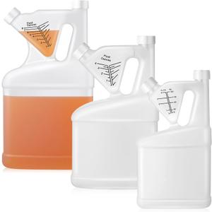 3 Pcs 32oz 64oz 128oz Tip and Pour Measuring Containers HDPE Plastic Bottle No Extra Measuring Cup with up to 4oz 8oz Capacity Reusable Needed for Chemical Fuel Motor Engine Oil Family Class 