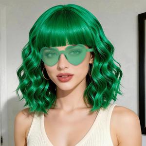 Green Wavy Bob Wig with Bangs Heart Sunglasses for Women, Funny Hair Replacement Curly Bob Synthetic Wigs with Hair Cap for Cosplay Costume Bachelorette 80s Retro Party Birthday Fancy Dress