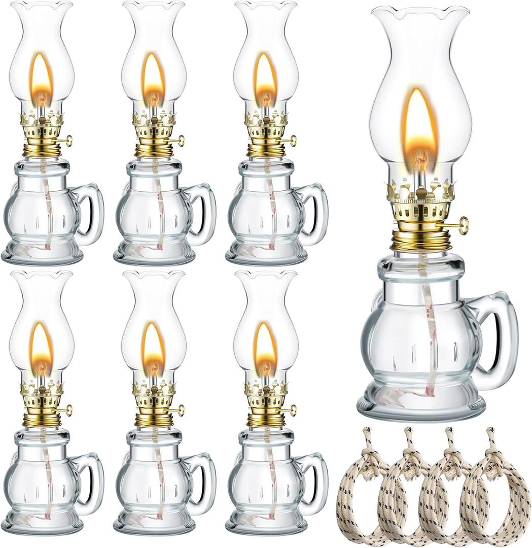 7 Set Vintage Glass Kerosene Lamp with 4 pcs 3.28 ft Wick Rustic Oil Lantern for Indoor Use and Hurricane Lighting Decor Emergency, Clear Lamp (Trendy Style)