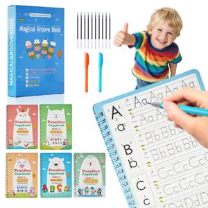 2 x Magic Grooved Writing Books for Kids-Handwriting Practice for Kids 5-8 - Tracing Books for Kids Ages 3-5 - Preschool, Kindergarten Learning-Letters, Numbers, Math, Drawing (Blue Box, 10.3 in x 7.3 in)