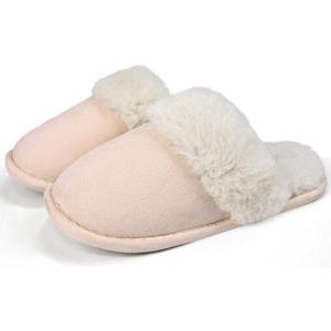 Women's Memory Foam Fuzzy Slippers Fluffy Plush Indoor Outdoor Non-Slip Thin Sole Winter House Shoes (7-8 Women/5-6 Men, Apricot)