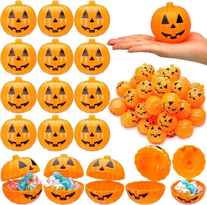 Lallisa 120 Pcs Halloween Pumpkin Containers Plastic Storage Box Case Bulk, Mini Pumpkin Egg Candy Gift Bucket for Halloween Trick Treat Decoration Party Supplies(Orange)