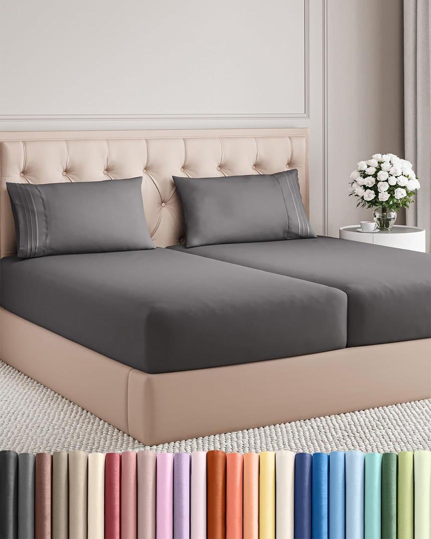 Split King Size 5 Piece Sheet Set - Comfy Breathable & Cooling Sheets - Hotel Luxury Bed Sheets for Women & Men - Deep Pockets, Easy-Fit, Soft & Wrinkle Free Sheets - Dark Grey Oeko-Tex Bed Sheet Set