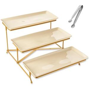 YOLIFE 3 Tier Serving Tray for Party, Display Fruit Dessert Tiered Tray Stand, 14 inch Beige Platters with Collapsible Sturdier Gold Iron Rack