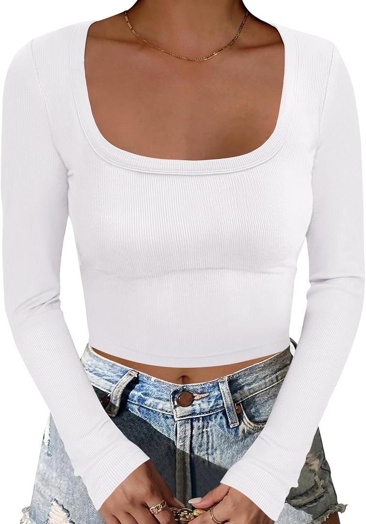 ANRABESS Women's Long Sleeve Square Neck Crop Top Ribbed Slim Fitted Basic Tee Layer Y2K Shirts Fall Fashion Outfits 2025 (Medium, White)
