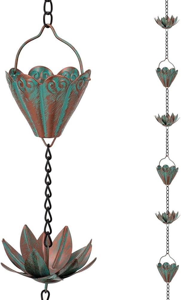 10.3FT Lotus Rain Chains for Gutters, Rain Chains with 16 Cups, Adjustable Rain Catcher Chain for Outside, Replacement Downspout for Gutters, Eaves, Drainage (Green-Lotus)