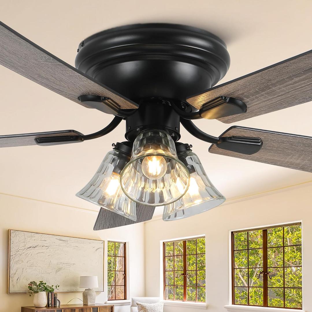 52 Inch Flush Mount Farmhouse Ceiling Fans with Lights and Remote Control, 5 Reversible Blades Vintage Low Profile Ceiling Fan with 3-Light 6 Speeds for Living Room Bedroom Kitchen