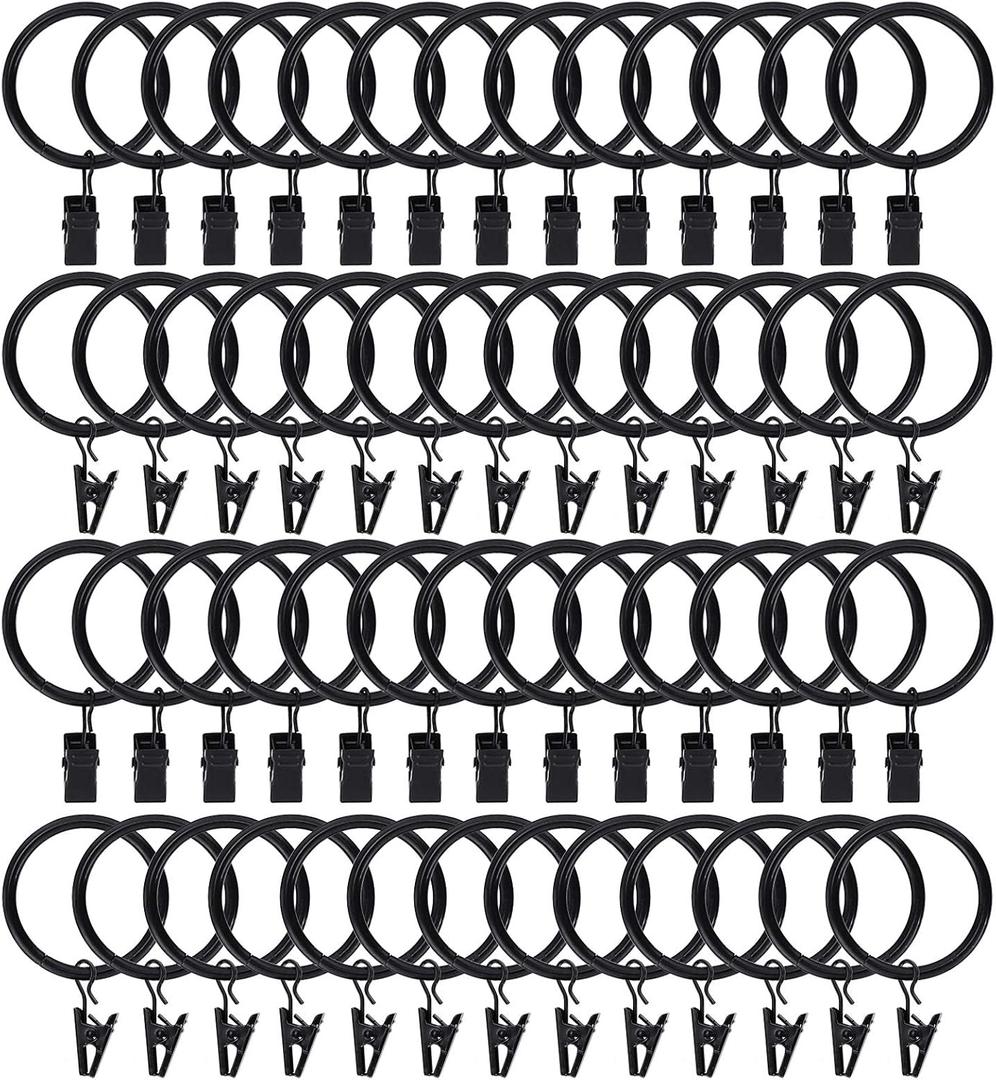 100Pack Curtain Rings with Clips Hooks, Black Metal Stainless Steel Drapery Rings, 1.5in Interior Diameter Curtain Hangers Clips, Fits Diameter 1.2 in Rod, Vintage Black