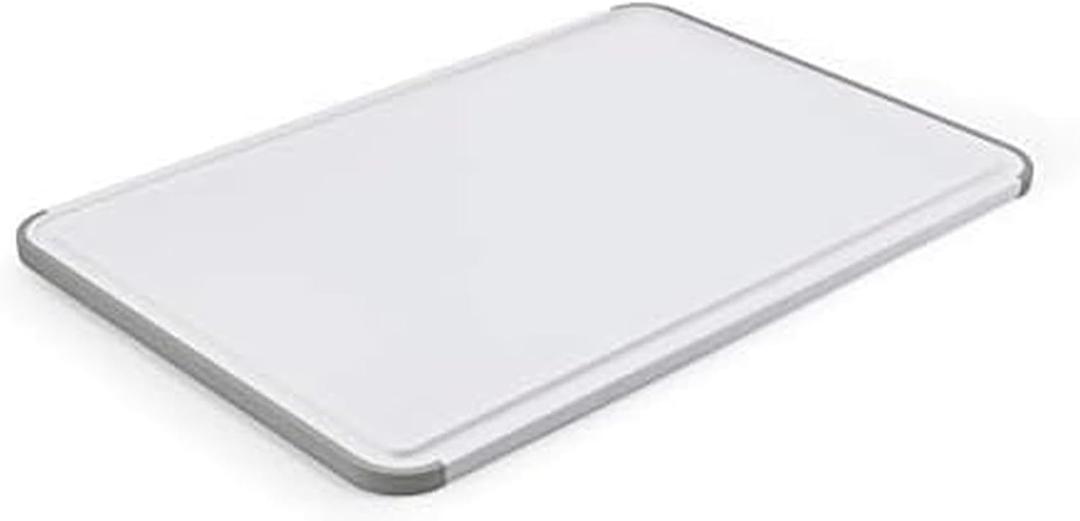 KitchenAid Classic Plastic Cutting Board with Perimeter Trench and Non Slip Edges, Dishwasher Safe, 12 inch x 18 inch, White and Gray