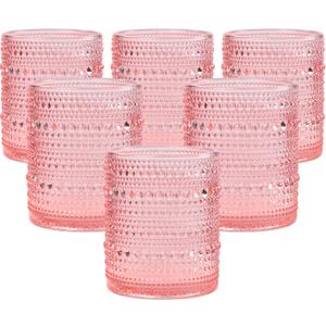 Pink Hobnail Drinking Glasses Set of 6, pink Beaded Highball Drinking Tumbler Glasses -pink colored water glasses Vintage Bubble Design Whiskey Glass,Old-Fashioned, Embossed Design glasses