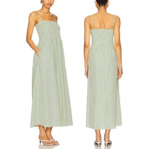 Women Spaghetti Strap Smocked Maxi Dresses Flowy Striped Summer Vacation Dress A-Line Beach Sundress with Pockets 15/L