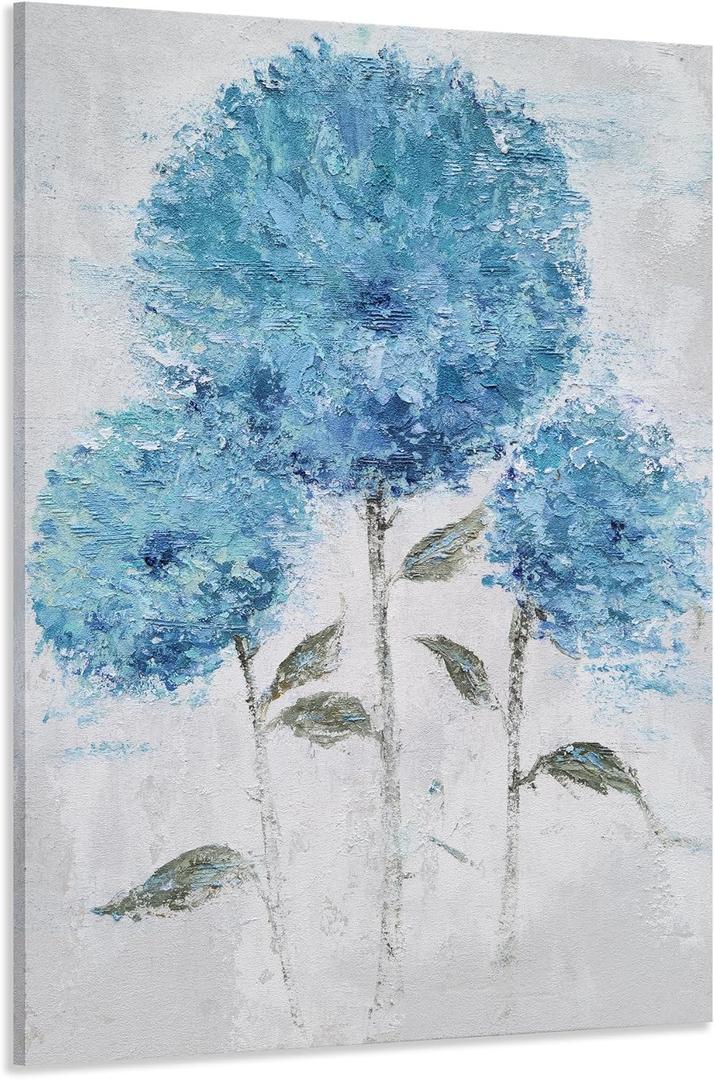 Yihui Arts Big Blue Flower Wall Art - Hand Painted Hydrangeas Painting on Canvas - Modern Farmhouse Bathroom Decor (36"L x 24"W)