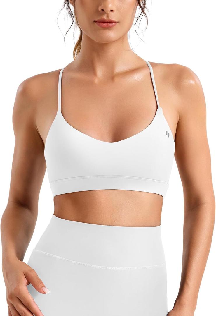 YEOREO CoreFlex Y Back Sports Bras for Women Workout Strappy Bra V Neck Padded Spaghetti Straps Gym Yoga Tops (White, Large)