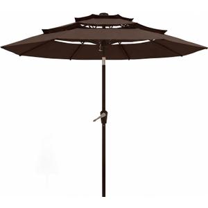 10FT Patio Umbrella 3 Tiers Outdoor Market Umbrella w/Push Button Tilt, Crank, UV and Waterproof Table Umbrella for Garden, Pool, Backyard, Deck, Lawn, Brown