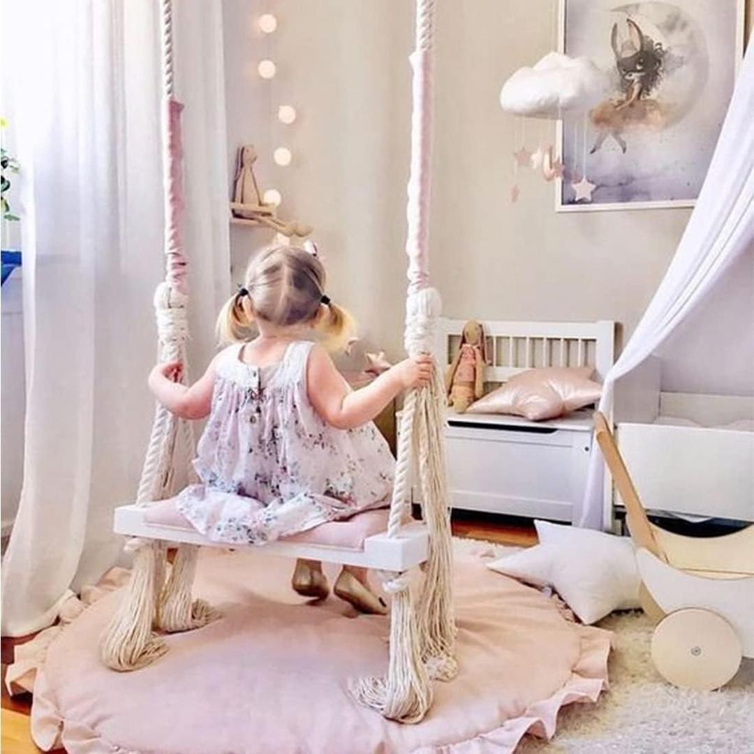 Pink Wooden Tree Swing for Adults & Kids - 24" Wood Swing Seat with Plush Velvet Cushion - Indoor/Outdoor Adult Macrame Swing for Bedroom, Playroom - Ceiling Rope Swing Supports 350lbs