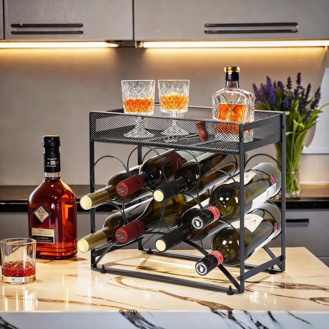 Countertop Wine Rack with Top Storage Basket, Metal Small Tabletop 8 Wine Bottles Holder with Adjustable Feet, Wine Rack Stand with Tray for Home Decor & Kitchen Counter Storage