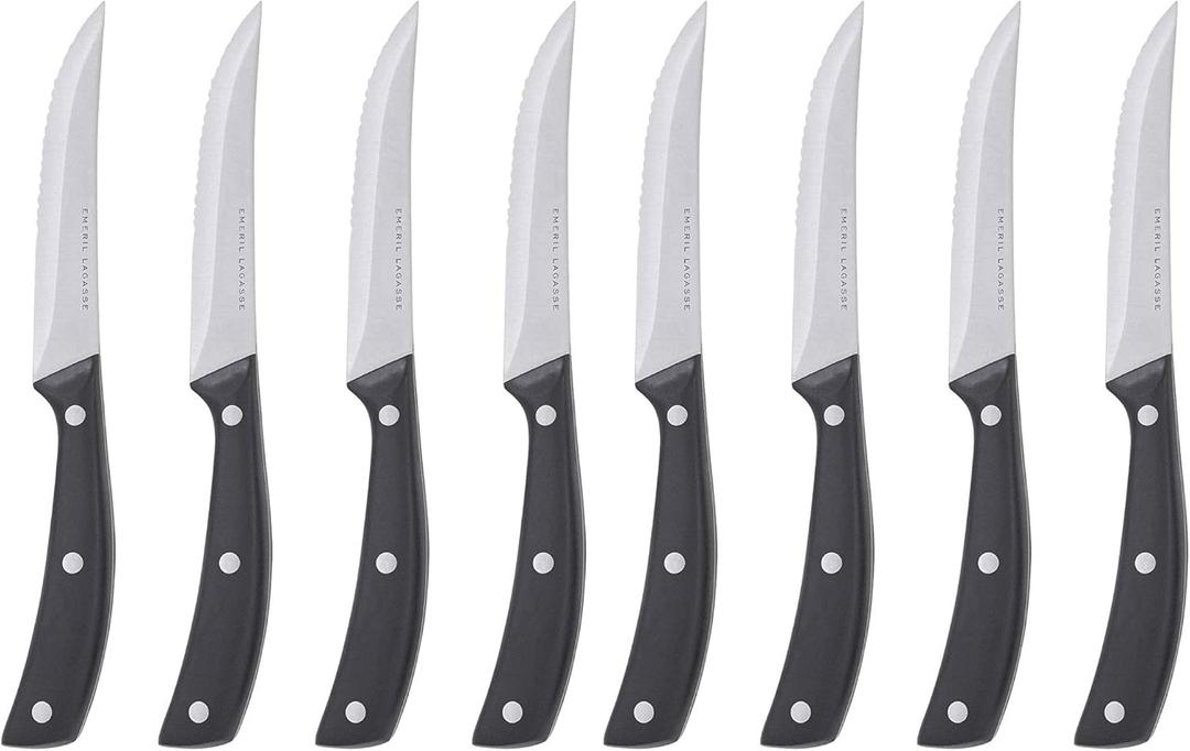 Emeril Lagasse Steak Knife Set of 8, 4.5 Stainless Steel Serrated Blades, Premium Kitchen Steak Knife Set with Black Handles