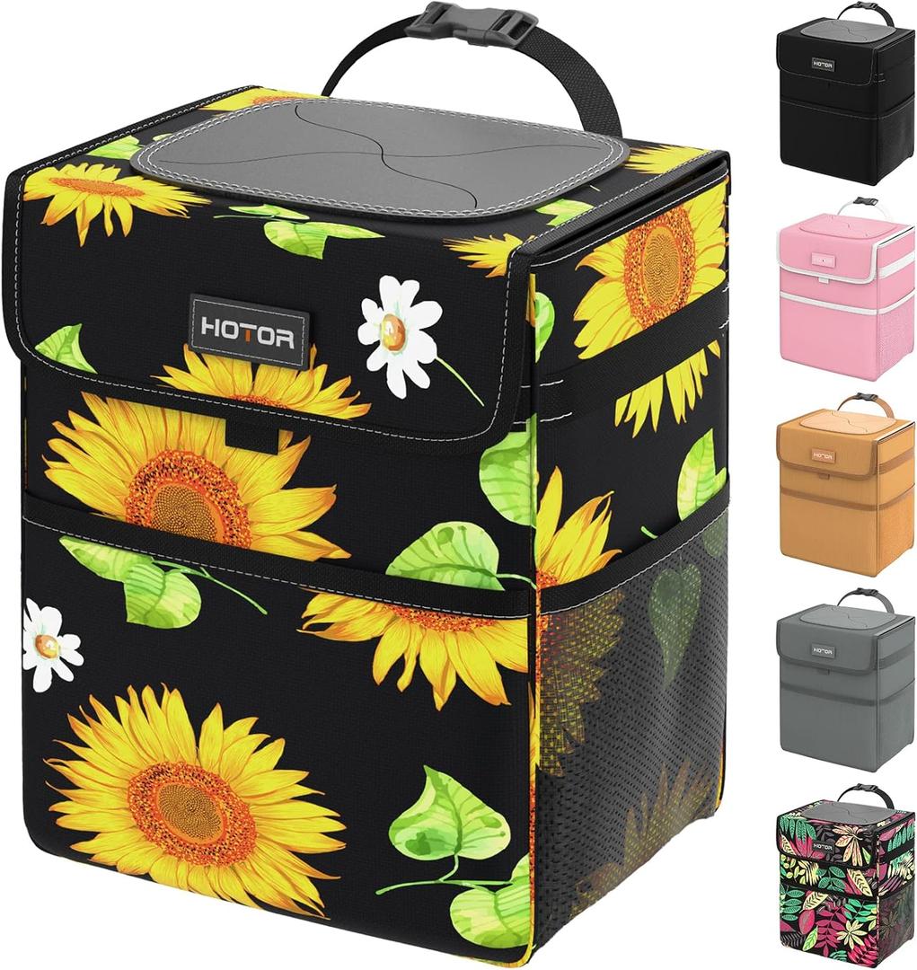 HOTOR Car Trash Can - Leakproof, Collapsible, 2 Gallon Capacity, Polyester Material, Sunflower Color, Fits Sedans, SUVs, Trucks
