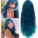 Netgo Teal Wig for Women, Dark Blue Wig with Bangs, Long Fluffy Curly Wavy Blue Hair Wigs Synthetic Daily Cosplay Party Wigs