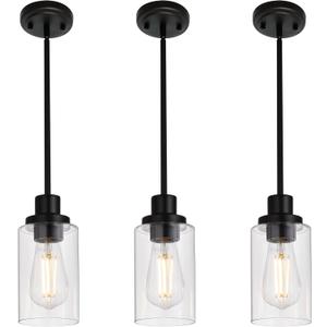 MELUCEE Kitchen Island Pendant Lighting 3 Pack Adjustable Black Hanging Ceiling Lamp with Clear Glass Shade for Bar Dining Room Corridor Living Room Bedside, 1-Light