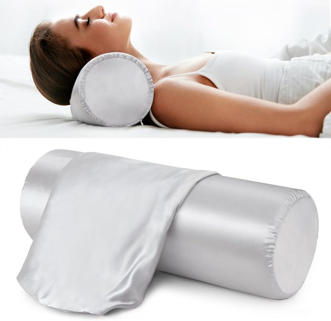 Noverlife 2 Pack Satin Bolster Pillow Covers, 16x6 in Grey Neck Roll Case With Zipper, Soft Silky Round Pillowcases, Machine Washable Silk Cervical Cases for Skin (16in Light Gray - Satin)